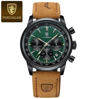 POEDAGAR Man Wristwatch Luxury Sport Genuine Leather Men Quartz Watch For Men Chronograph Waterproof Luminous Date Men's Watches