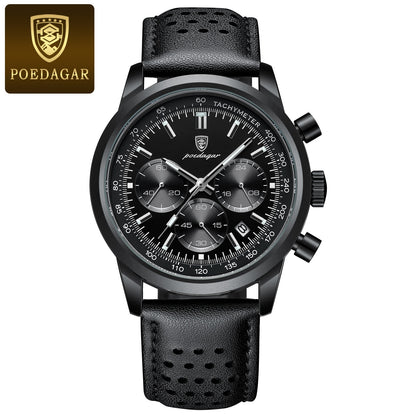 POEDAGAR Man Wristwatch Luxury Sport Genuine Leather Men Quartz Watch For Men Chronograph Waterproof Luminous Date Men's Watches