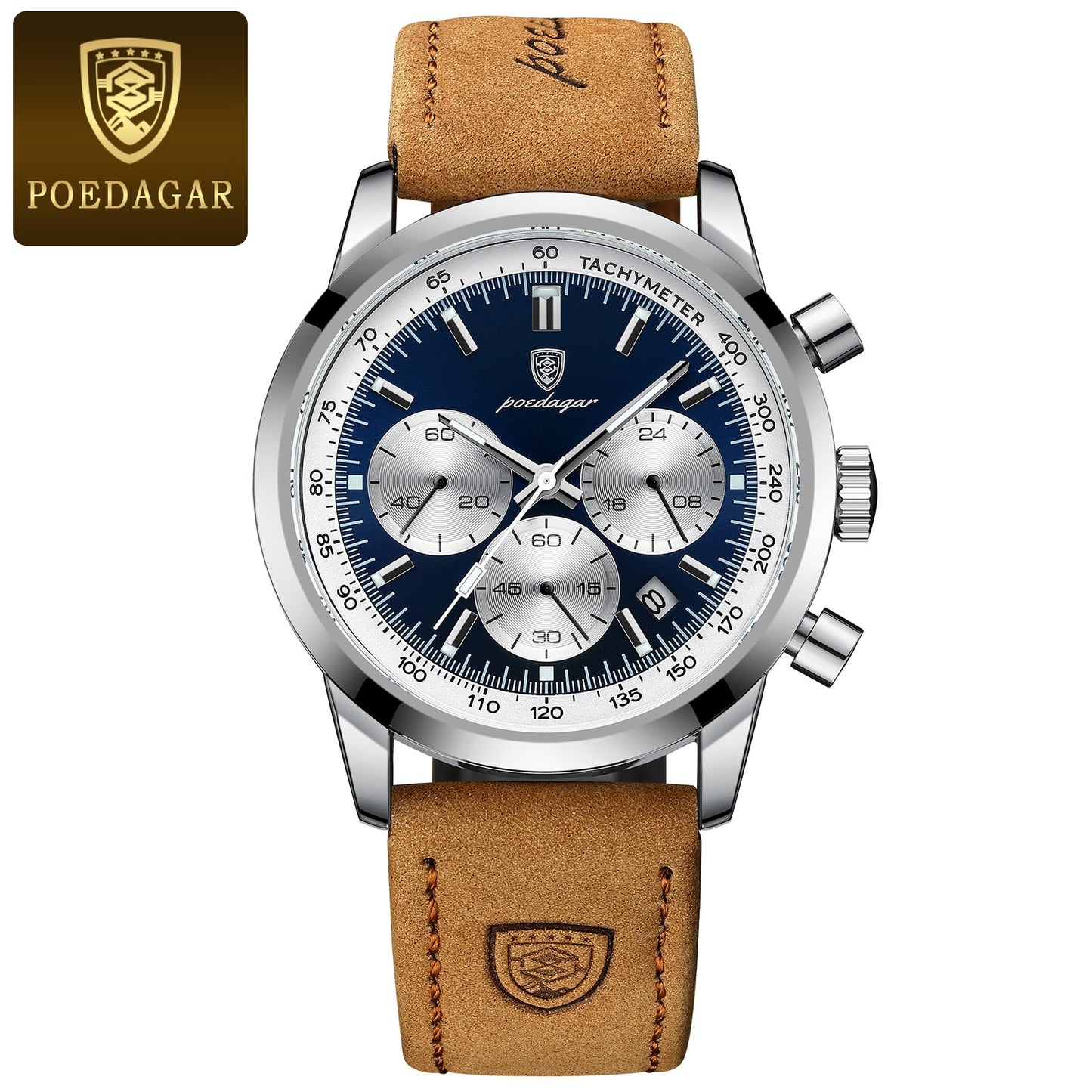 POEDAGAR Man Wristwatch Luxury Sport Genuine Leather Men Quartz Watch For Men Chronograph Waterproof Luminous Date Men's Watches