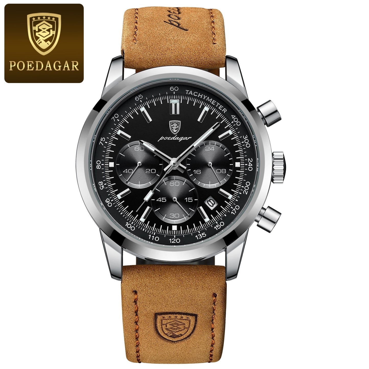 POEDAGAR Man Wristwatch Luxury Sport Genuine Leather Men Quartz Watch For Men Chronograph Waterproof Luminous Date Men's Watches